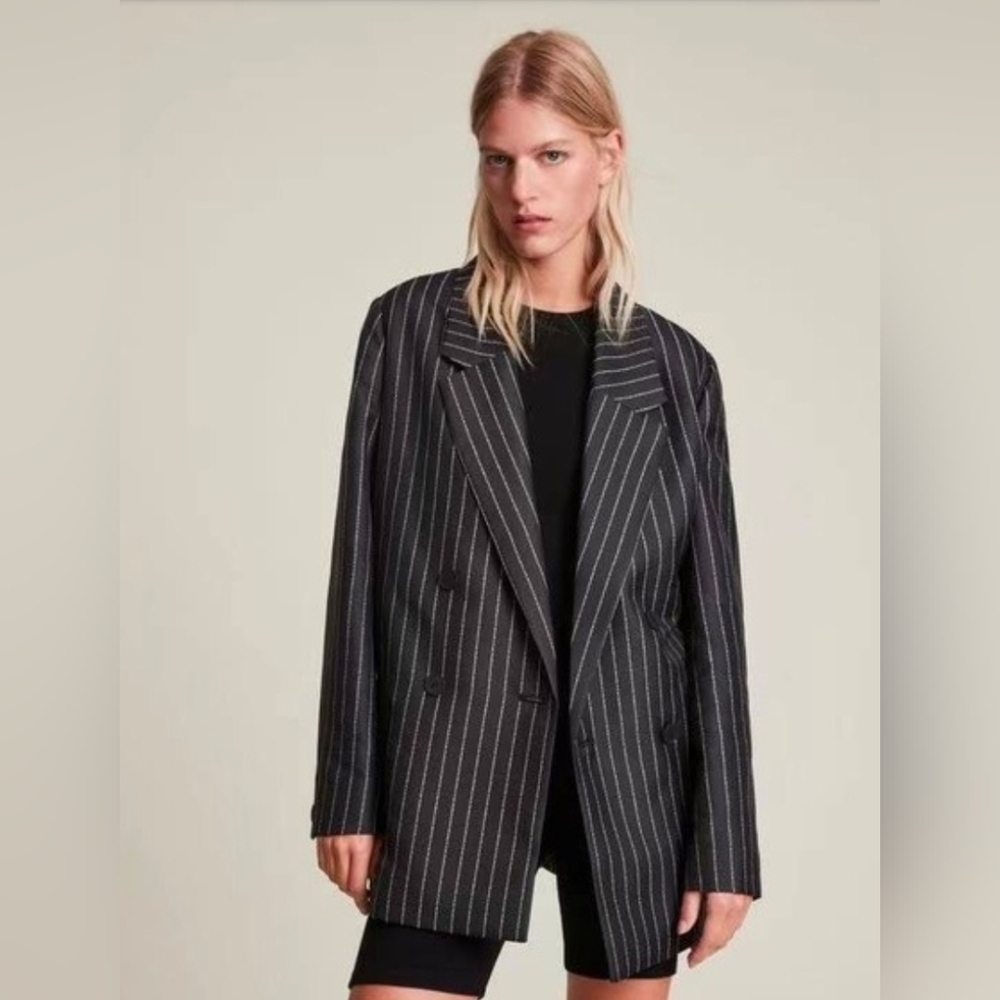 AllSaints Black Pinstripe Oversized Double-Breasted Blazer. Never Worn.